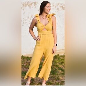 Smocked-Waist Yellow Wide-Leg Jumpsuit